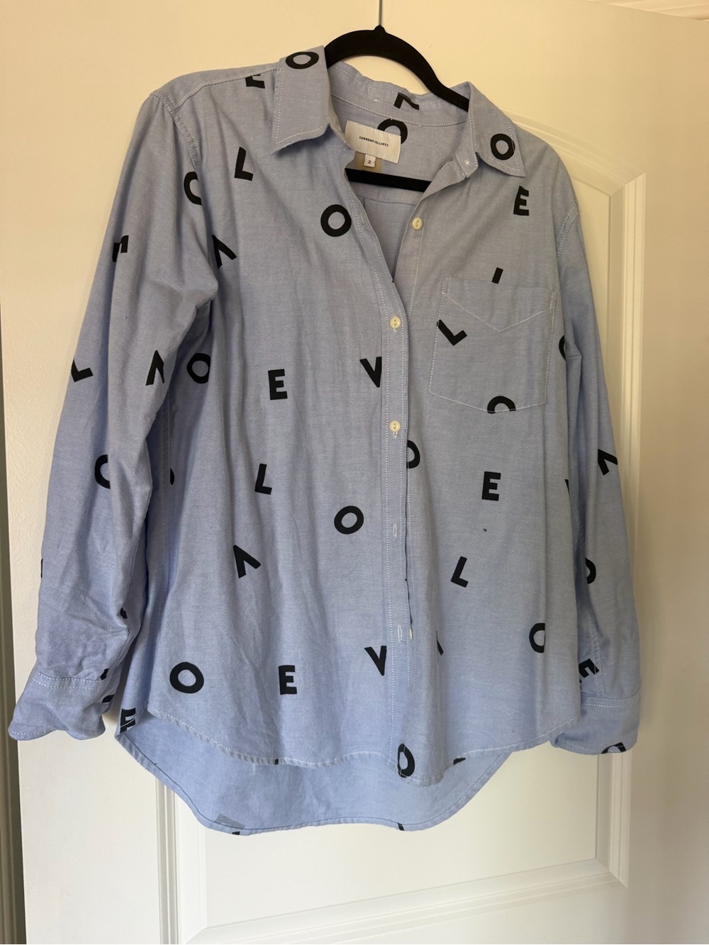 Current Elliot- Light Blue Long-Sleeve Button-Up Shirt with Black Love Print